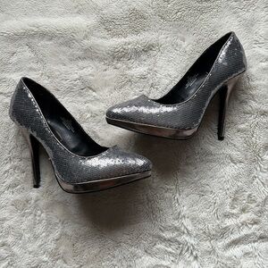 George Silver Sequin Heels Size 7